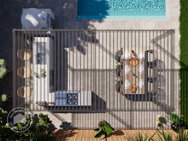 aerial view of an l shaped kitchen under a large pergola